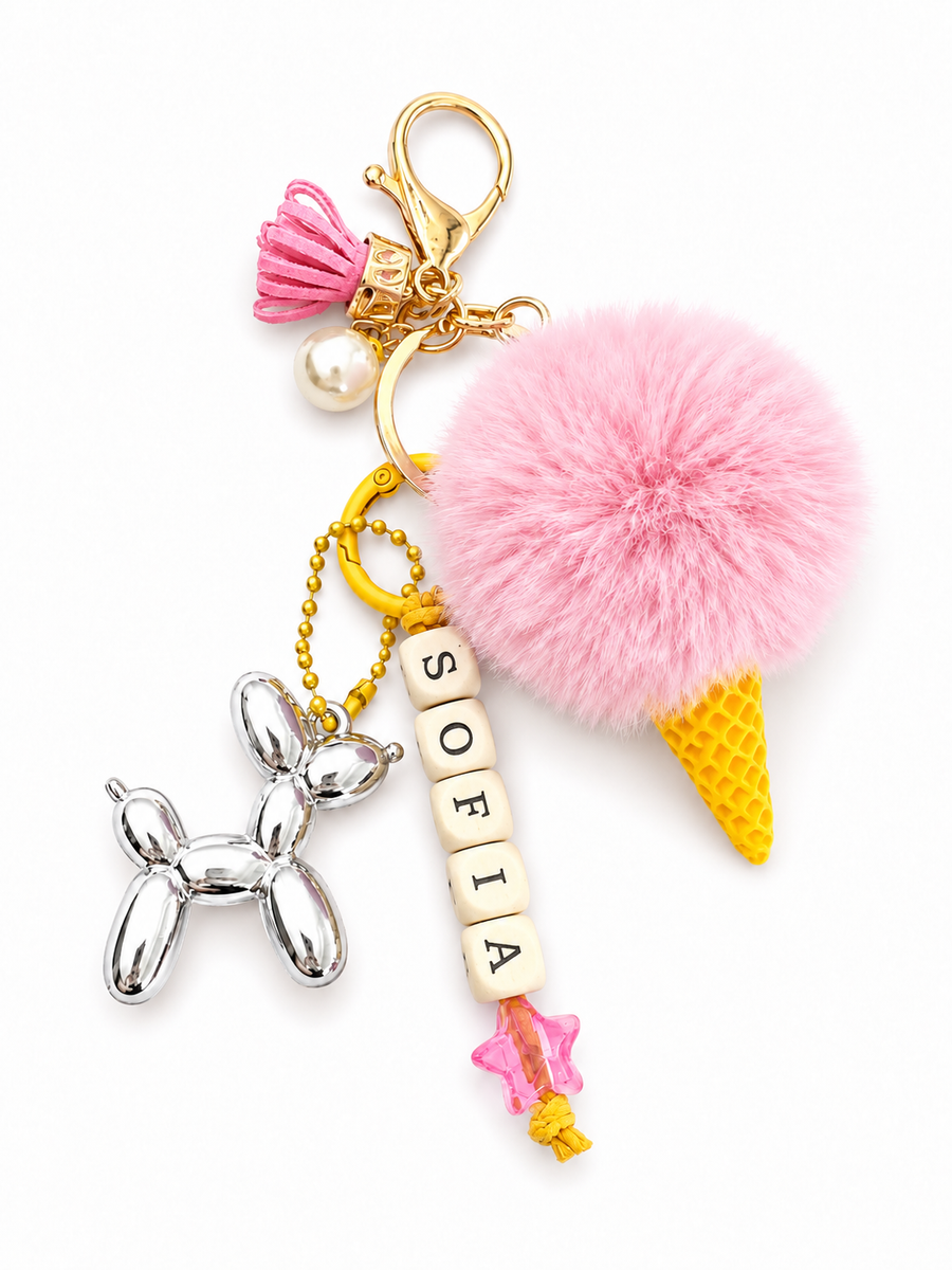 Personalized ice cream cone keychain with letter bead name