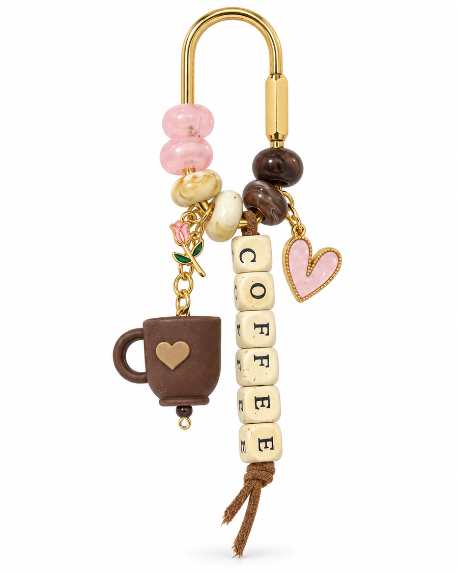 Coffee lover personalized carabiner keychain with letter bead name