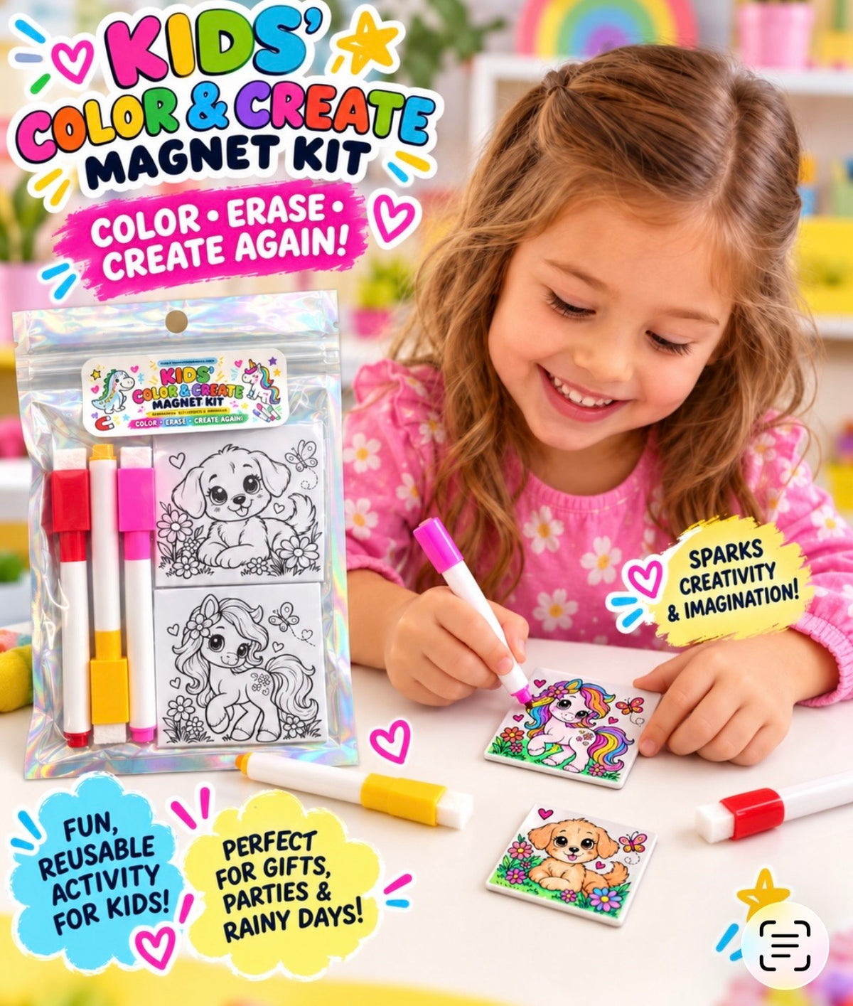 Kids' Color & Create Magnet Kit | Reusable Coloring Magnets – Impress ...