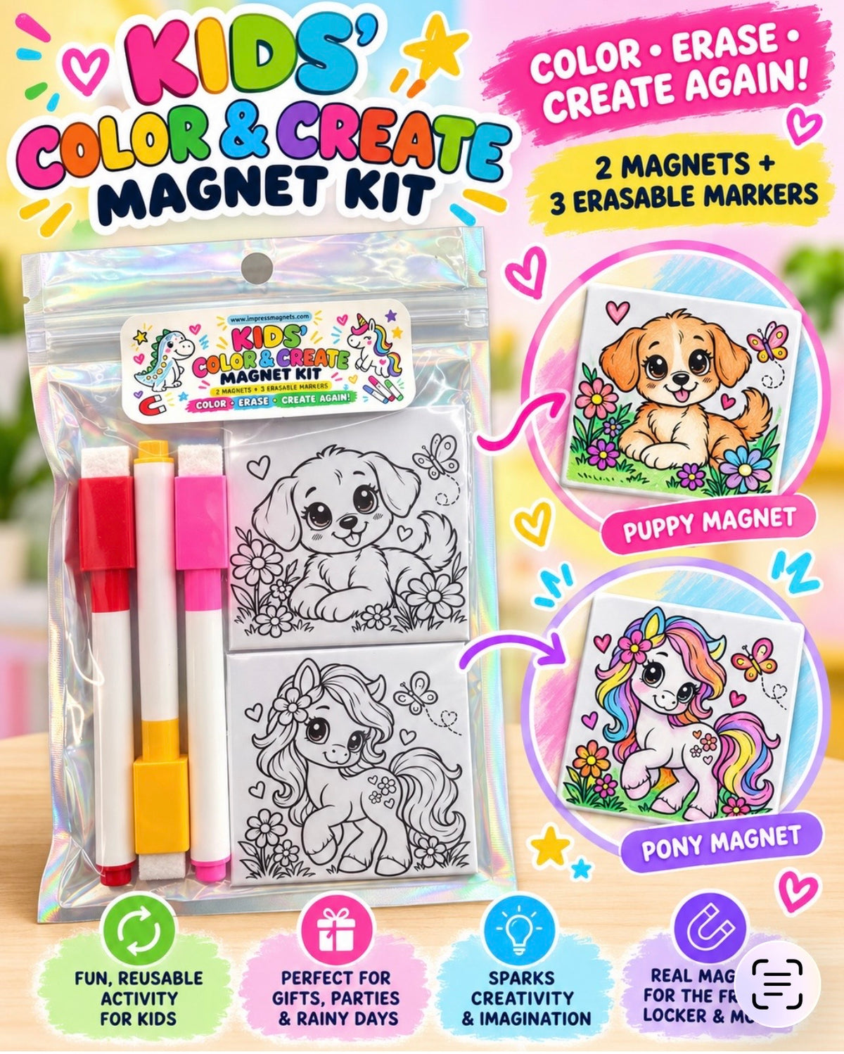 Kids Color and Create magnet kit with two reusable puppy and pony coloring magnets, three erasable markers, and holographic pouch