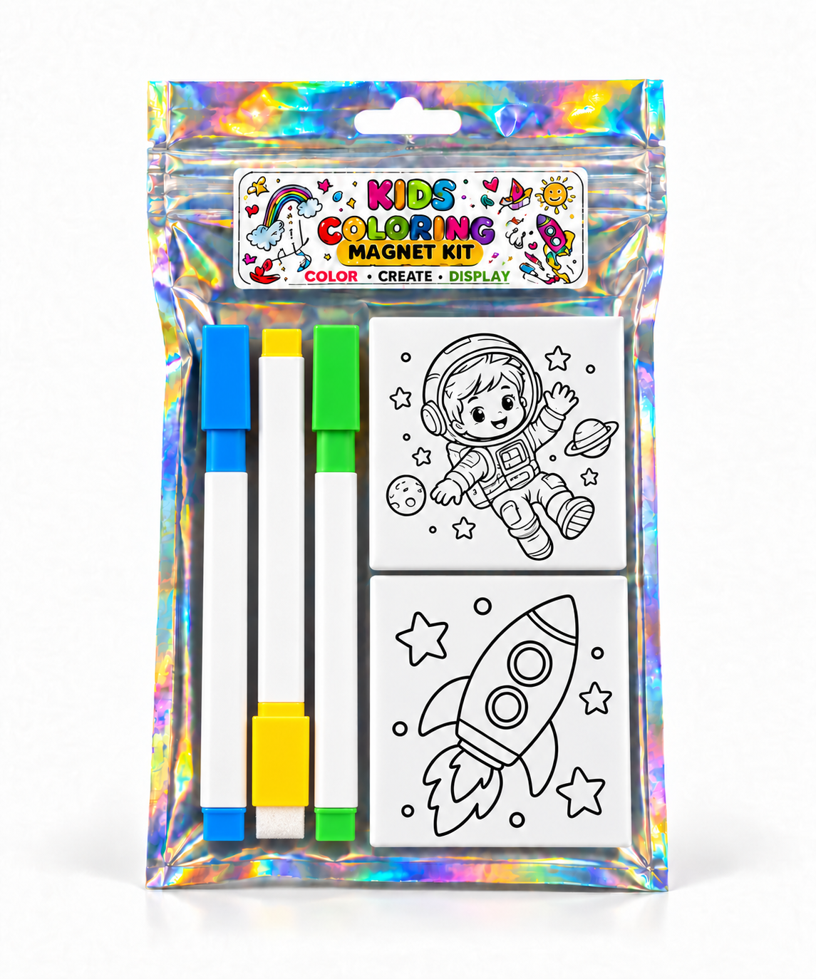 Astronaut and rocket coloring magnet kit with square blue, yellow, and green markers