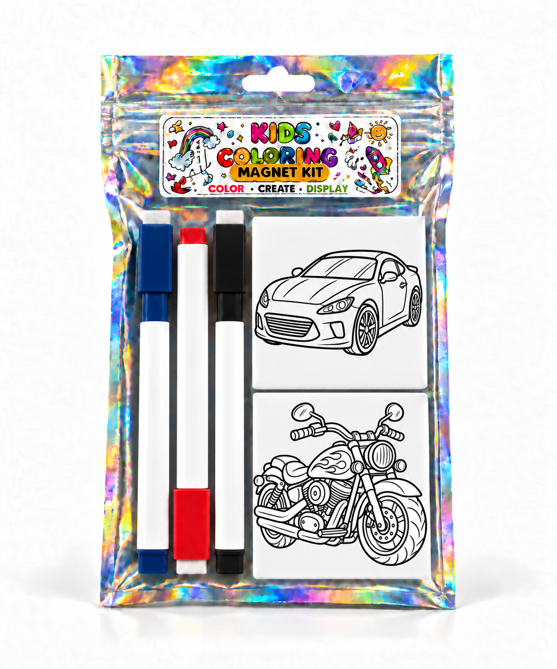 Car and motorcycle coloring magnet kit with square dark blue, red, and black markers and visible erasers