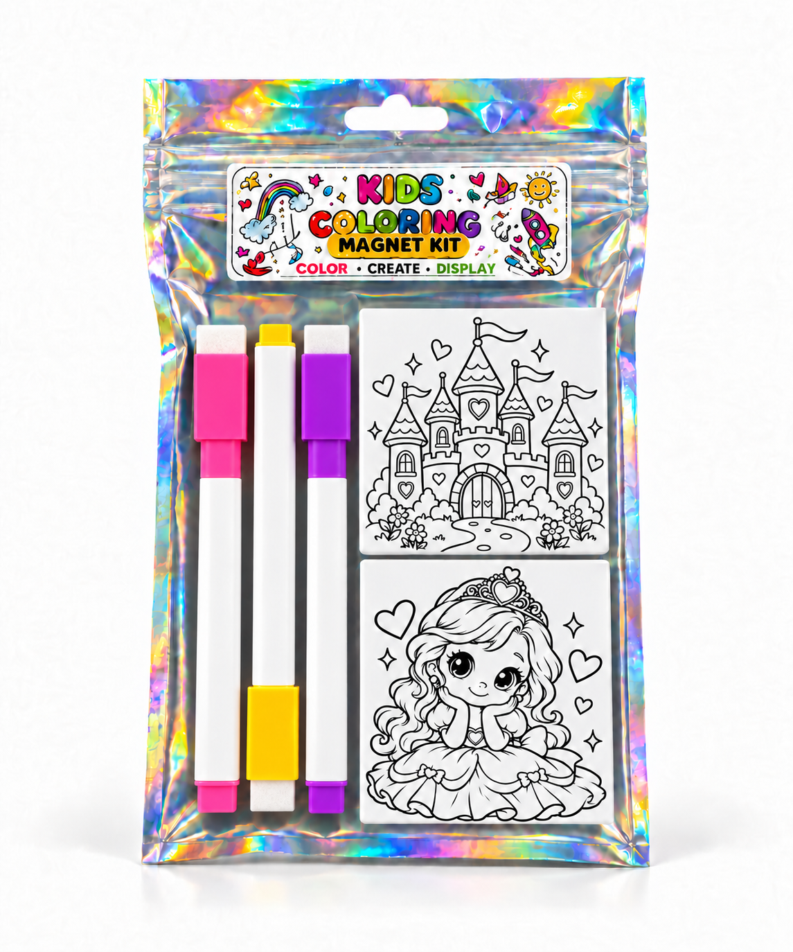 Castle and princess coloring magnet kit with square pink, purple, and yellow markers