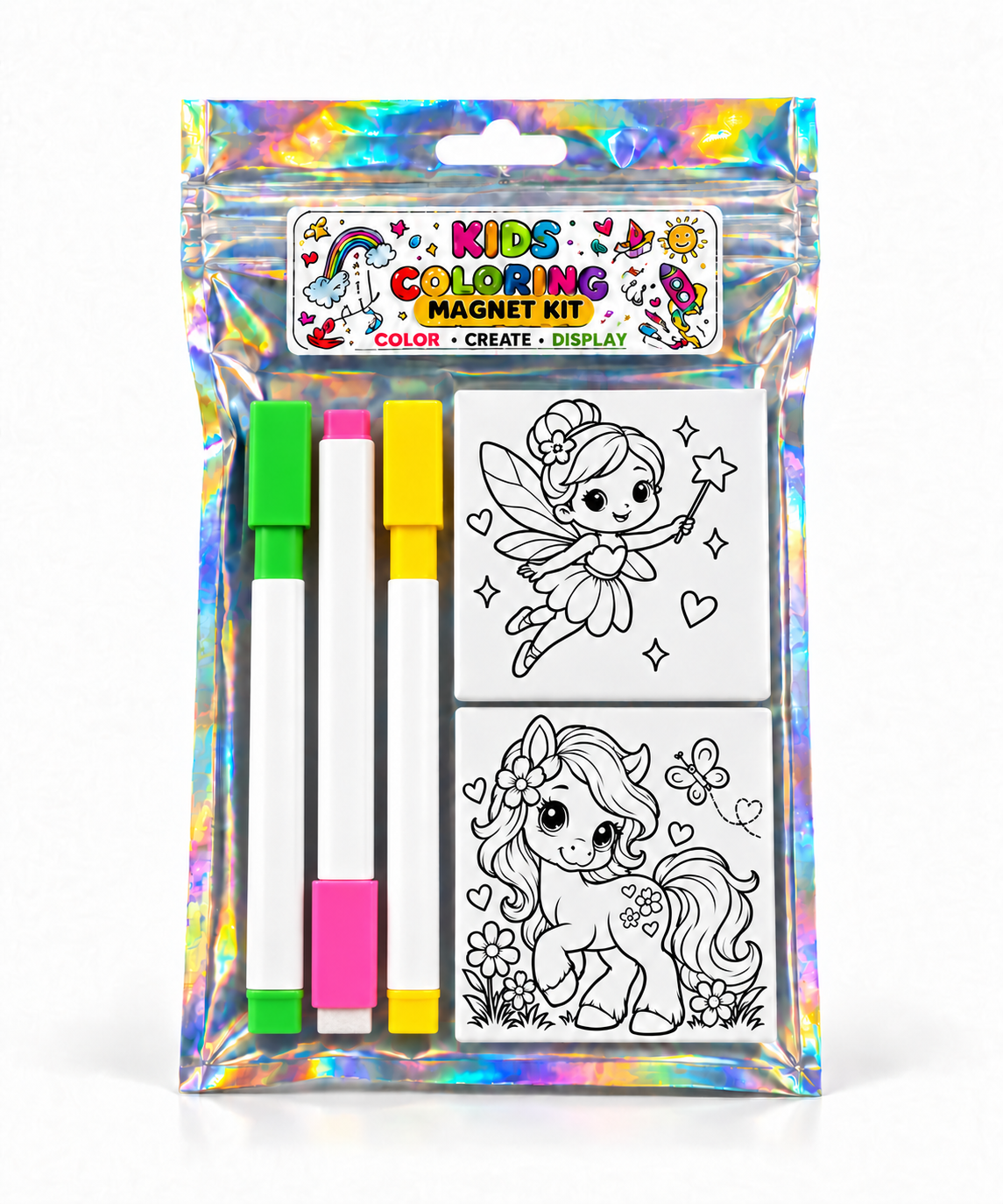Fairy and pony coloring magnet kit with square green, pink, and yellow markers