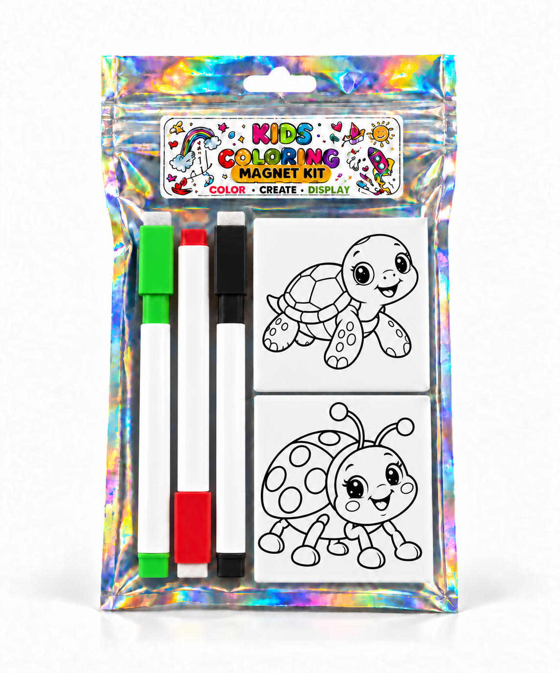 Turtle and ladybug coloring magnet kit with square green, red, and black markers and visible erasers