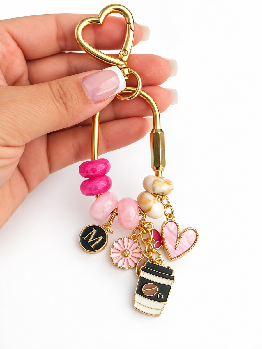 Personalized pink and gold beaded charm carabiner keychain with initial and coffee charms